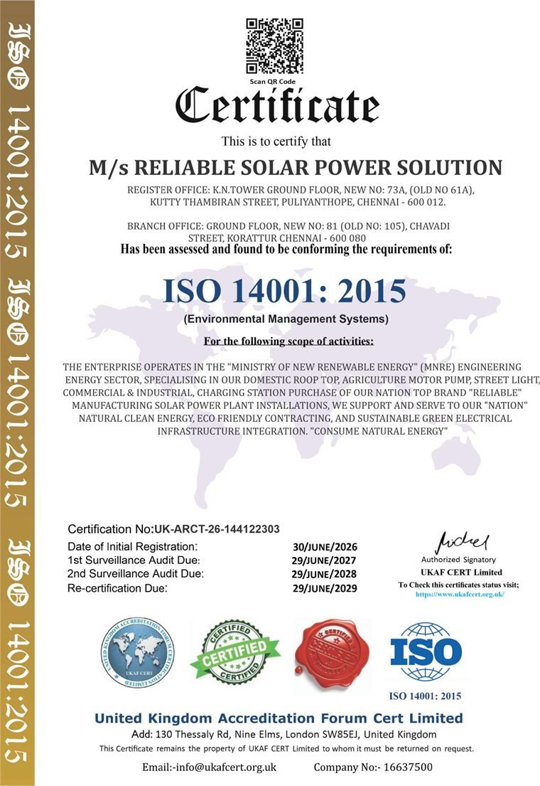 ISO 14001:2015 Environmental Management Systems certificate issued to Reliable Solar Power Solution by UKAF Cert Limited
